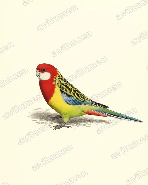 Ilustración en Lámina antigua: Platycercus eximius (Perico multicolor)