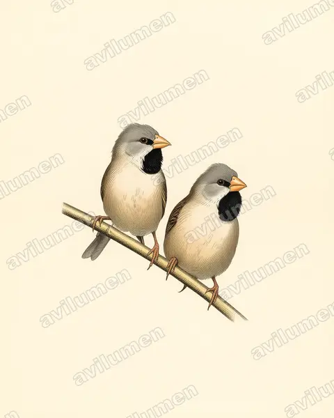 长尾草雀（Poephila acuticauda）的古典图版插画