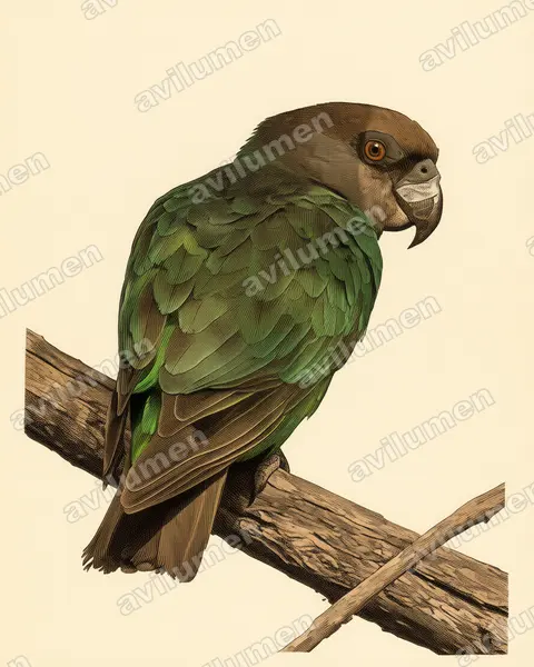 Ilustración en Lámina antigua: Poicephalus crassus (Lorito niam-niam)