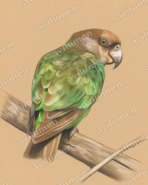 Ilustración en Lápiz de color: Poicephalus crassus (Lorito niam-niam)