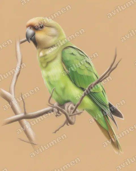 Brown-headed Parrot（Poicephalus cryptoxanthus）的彩色铅笔插画