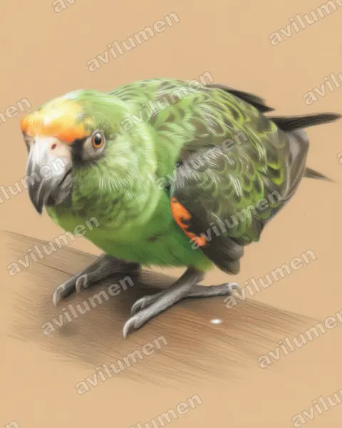 Red-fronted Parrot（Poicephalus gulielmi）的彩色铅笔插画