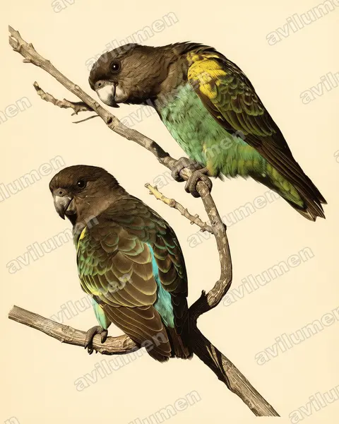 Ilustración en Lámina antigua: Poicephalus meyeri (Lorito de Meyer​)