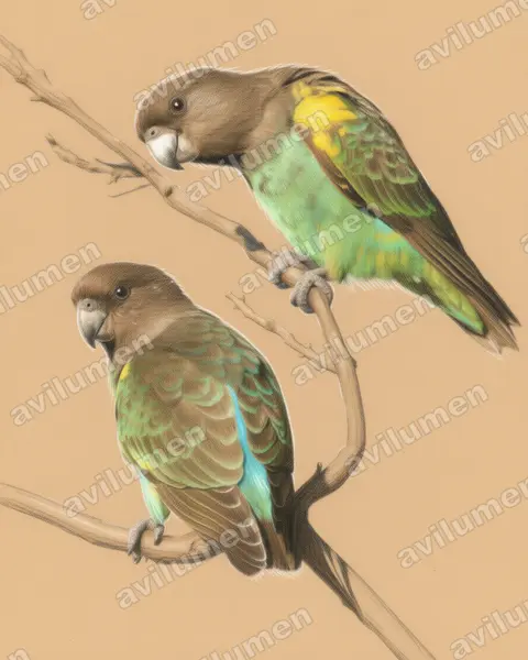 Ilustración en Lápiz de color: Poicephalus meyeri (Lorito de Meyer​)