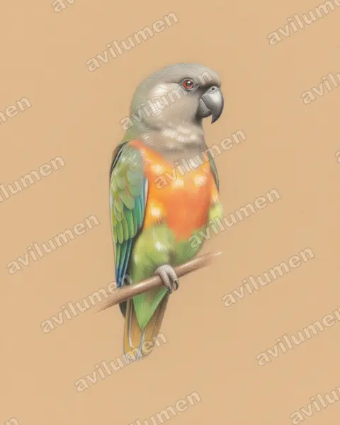 Colored pencil illustration: Poicephalus rufiventris (Red-bellied Parrot)