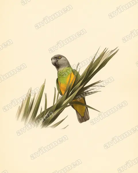 Illustration im Stil Historische Tafel: Mohrenkopfpapagei (Poicephalus senegalus)