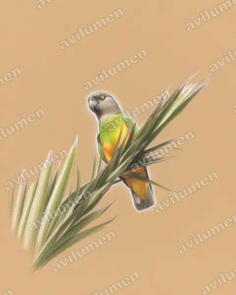 Illustration im Stil Buntstift: Mohrenkopfpapagei (Poicephalus senegalus)