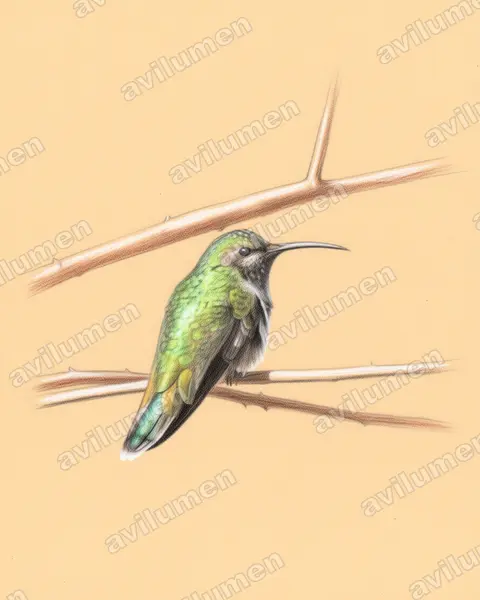 白尾金喉蜂鸟（Polytmus guainumbi）的彩色铅笔插画