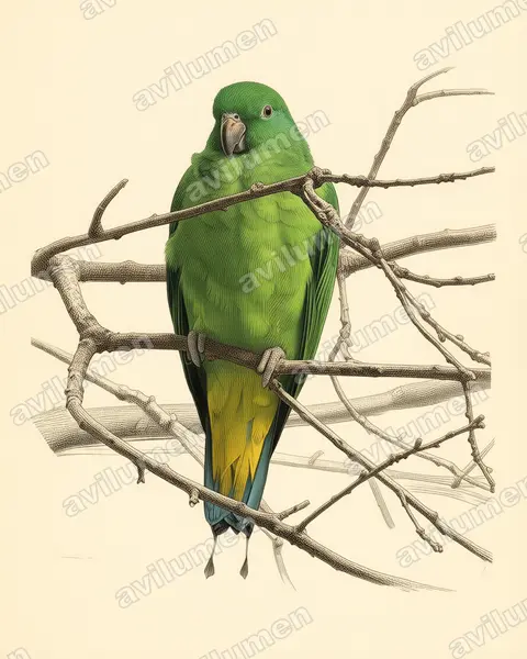 Ilustración en Lámina antigua: Prioniturus mada (Lorito-momoto de Buru)