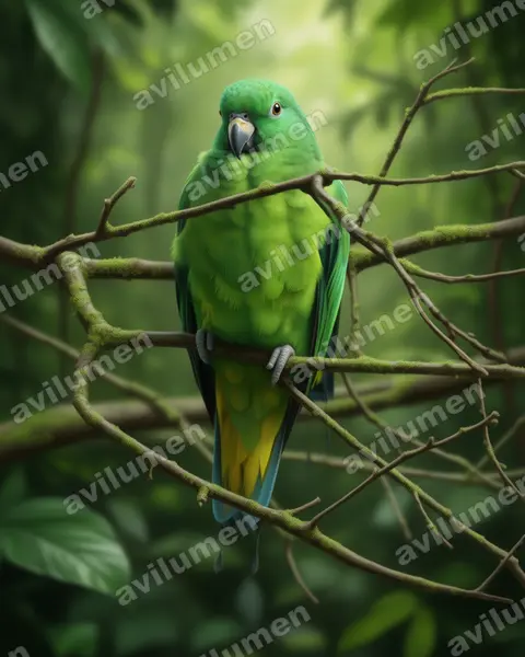 Ilustración en Realista: Prioniturus mada (Lorito-momoto de Buru)