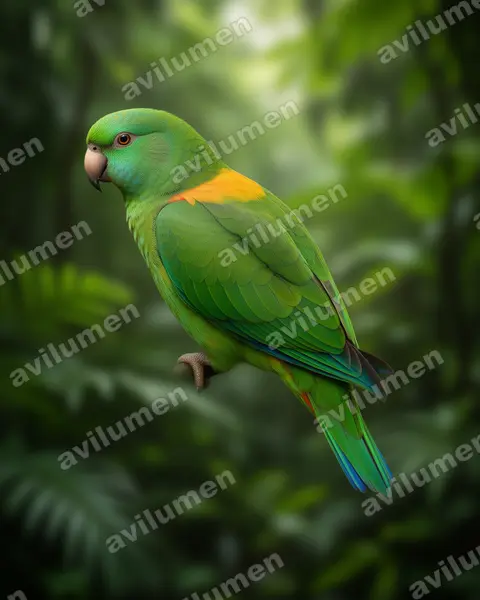 Realistic illustration: Prioniturus platurus (Golden-mantled Racket-tail)
