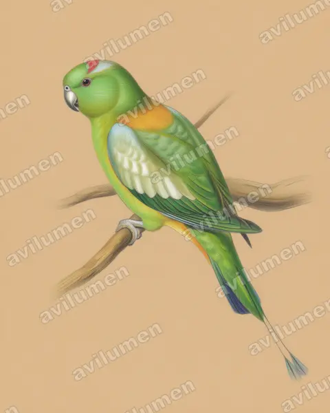 Colored pencil illustration: Prioniturus platurus (Golden-mantled Racket-tail)