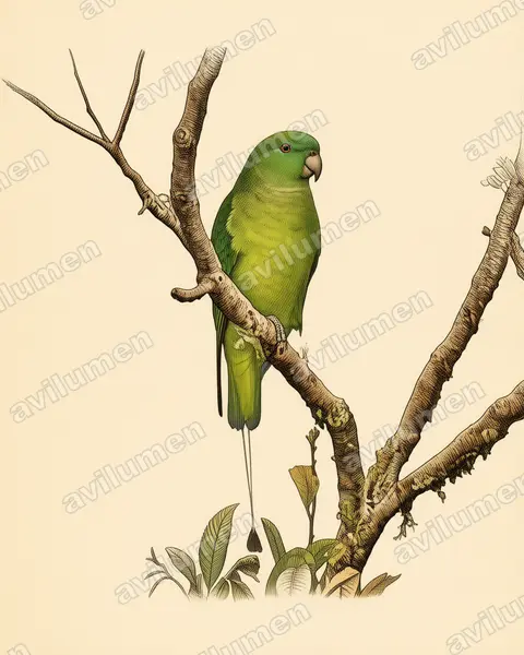 Ilustración en Lámina antigua: Prioniturus waterstradti (Lorito-momoto de Mindanao)