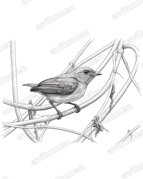 Ink illustration: Prionochilus maculatus (Yellow-breasted Flowerpecker)