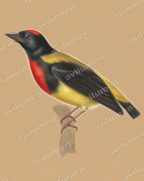 Colored pencil illustration: Prionochilus thoracicus (Scarlet-breasted Flowerpecker)