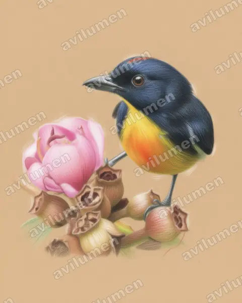 Illustration Crayon de couleur : Prionochilus xanthopygius (Dicée à croupion jaune)