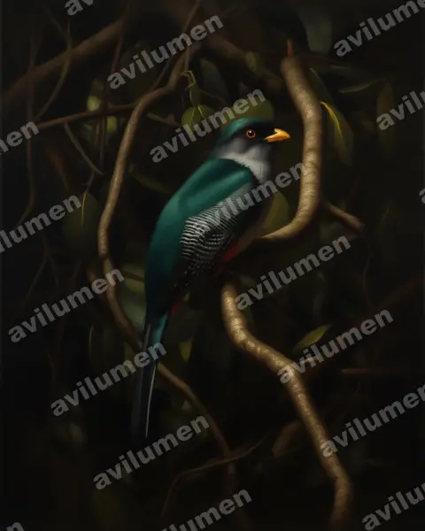 Illustration im Stil Öl: Hispaniolatrogon (Priotelus roseigaster)