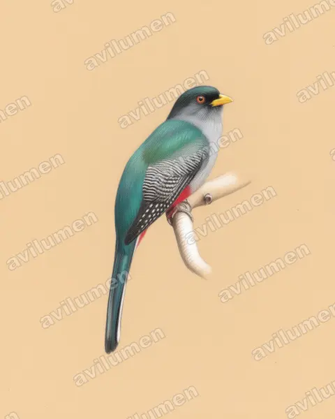 Illustration im Stil Buntstift: Hispaniolatrogon (Priotelus roseigaster)