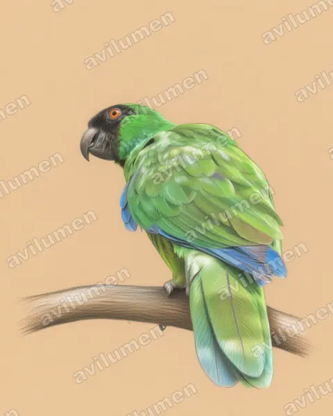Colored pencil illustration: Prosopeia personata (Masked shining parrot)