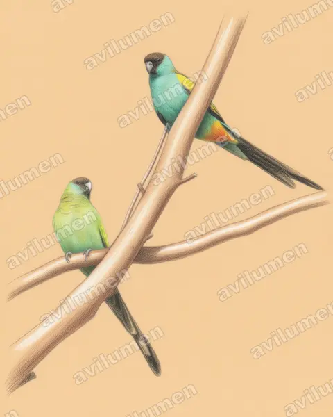 Colored pencil illustration: Psephotellus dissimilis (Hooded Parrot)
