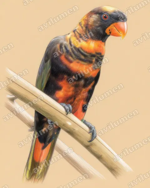 Illustration Crayon de couleur : Pseudeos fuscata (Lori sombre)