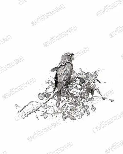 Illustration Encre : Psittacara erythrogenys (Conure à tête rouge)