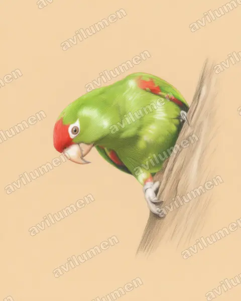 Ilustración en Lápiz de color: Psittacara frontatus (Aratinga cordillerana)