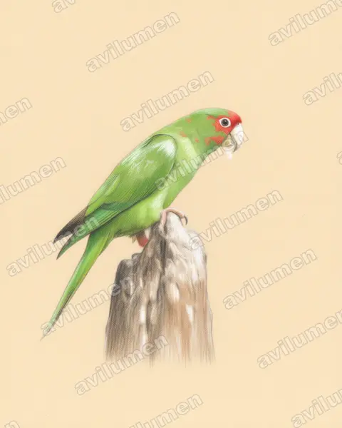 Mitred parakeet（Psittacara mitratus）的彩色铅笔插画