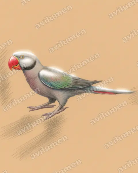 Colored pencil illustration: Psittacula bensoni (Thirioux's Grey Parrot)