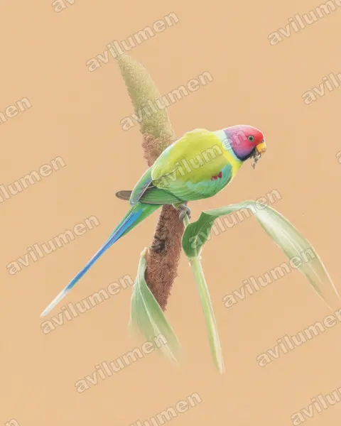Illustration im Stil Buntstift: Pflaumenkopfsittich (Psittacula cyanocephala)