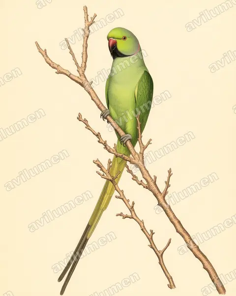 Illustration im Stil Historische Tafel: Halsbandsittich (Psittacula krameri)