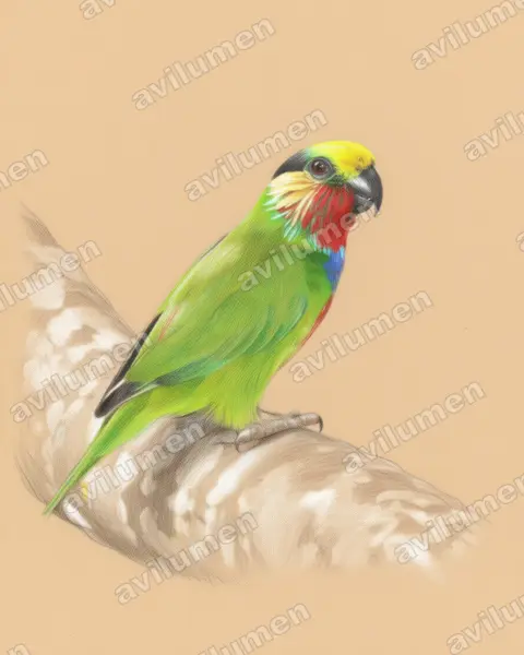 爱德华无花果鹦鹉（Psittaculirostris edwardsii）的彩色铅笔插画