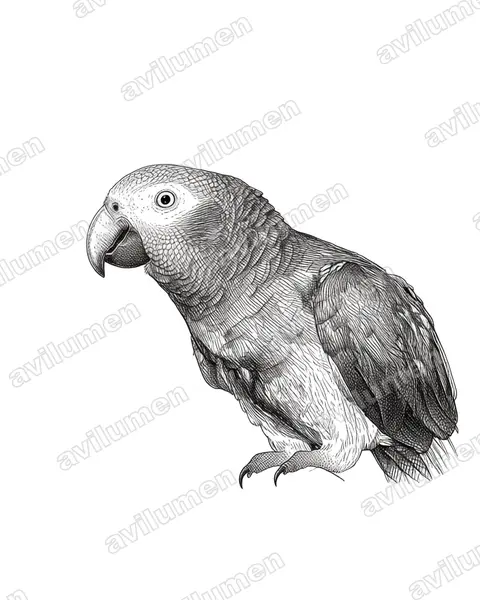 Timneh parrot（Psittacus timneh）的钢笔墨线插画