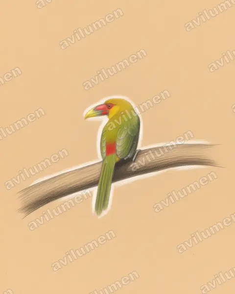 Ilustración en Lápiz de color: Pteroglossus bailloni (Arasarí banana)