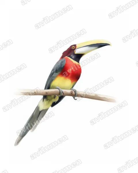 Illustration im Stil Aquarell: Rotnackenarassari (Pteroglossus bitorquatus)