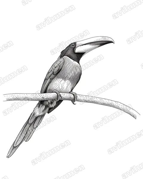 Illustration im Stil Tusche: Rotnackenarassari (Pteroglossus bitorquatus)