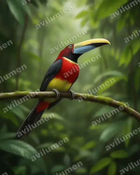 Illustration im Stil Realistisch: Rotnackenarassari (Pteroglossus bitorquatus)