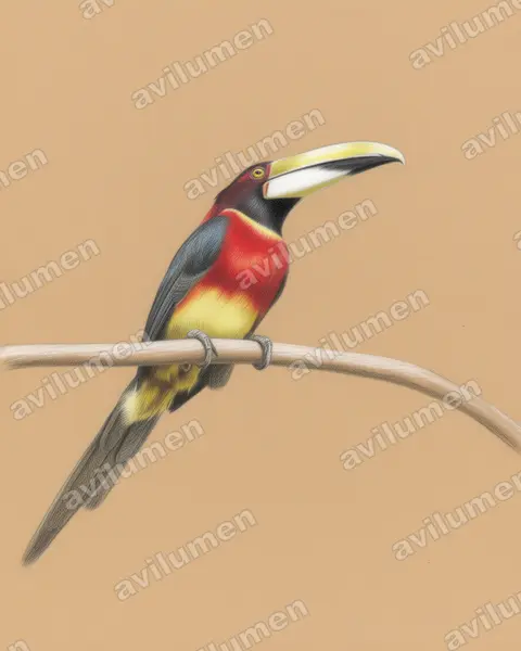 Illustration im Stil Buntstift: Rotnackenarassari (Pteroglossus bitorquatus)