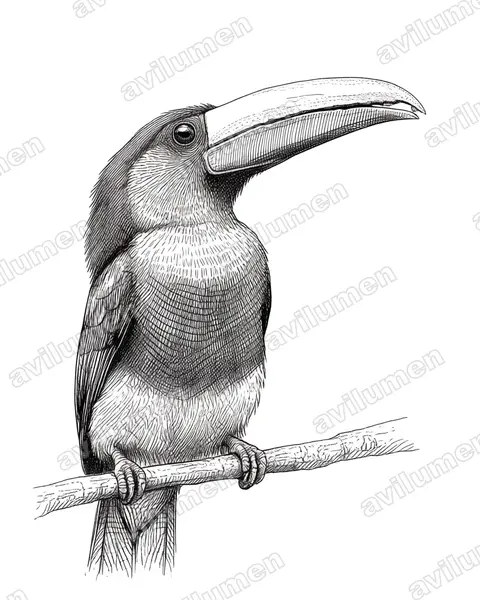 Illustration Encre : Pteroglossus castanotis (Áraçari à oreillons roux)