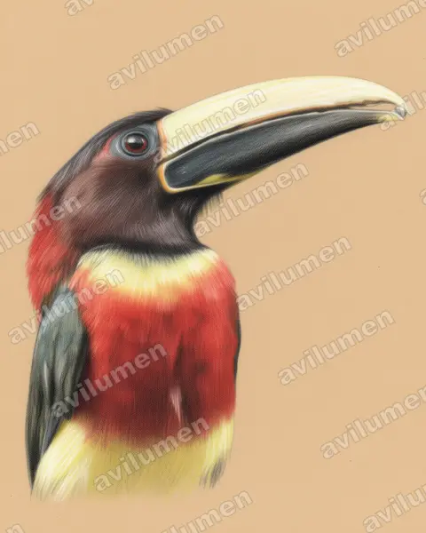 Illustration Crayon de couleur : Pteroglossus castanotis (Áraçari à oreillons roux)
