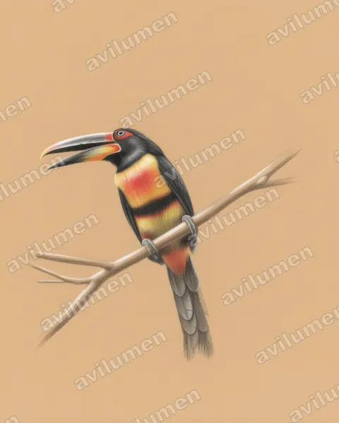 Illustration Crayon de couleur : Pteroglossus erythropygius (Araçari à bec clair)