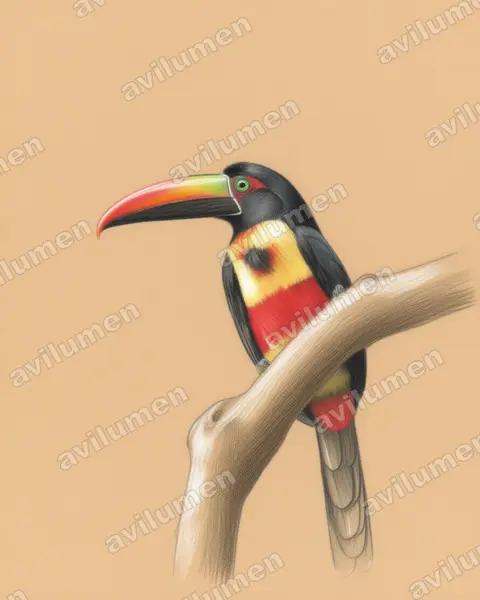 Illustration im Stil Buntstift: Feuerschnabelarassari (Pteroglossus frantzii)