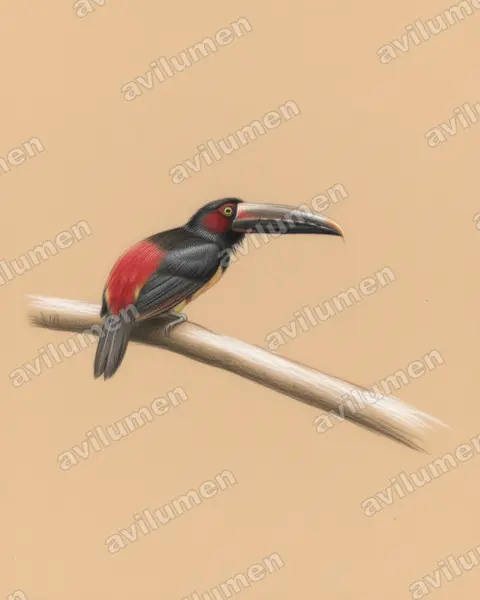 Ilustración en Lápiz de color: Pteroglossus sanguineus (Arasarí de pico rayado)