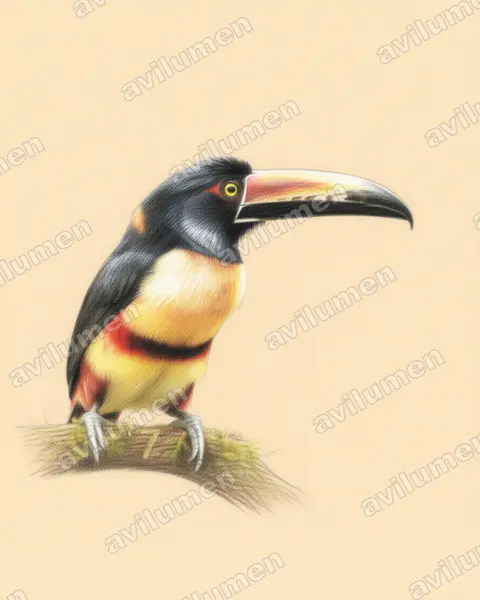 Illustration Crayon de couleur : Pteroglossus torquatus (Araçari à collier)