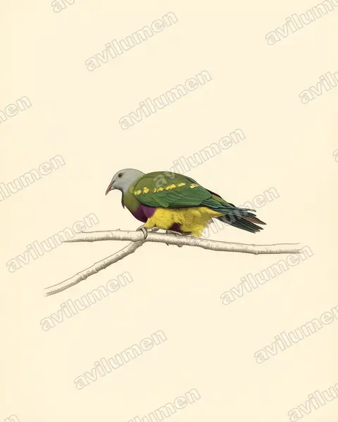 Illustration im Stil Historische Tafel: Langschwanz-Fruchttaube (Ptilinopus magnificus)