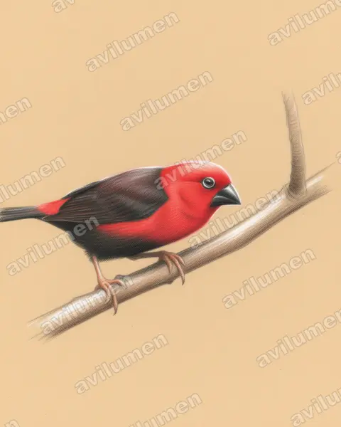 赤红裂籽雀（Pyrenestes sanguineus）的彩色铅笔插画
