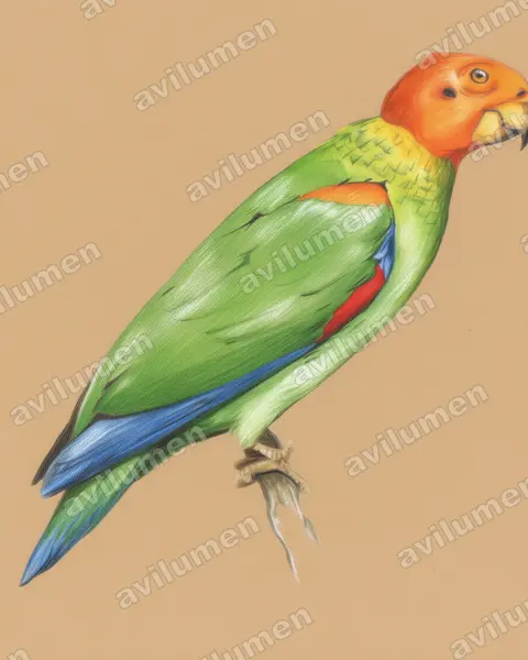 Illustration Crayon de couleur : Pyrilia aurantiocephala (Caïque chauve)