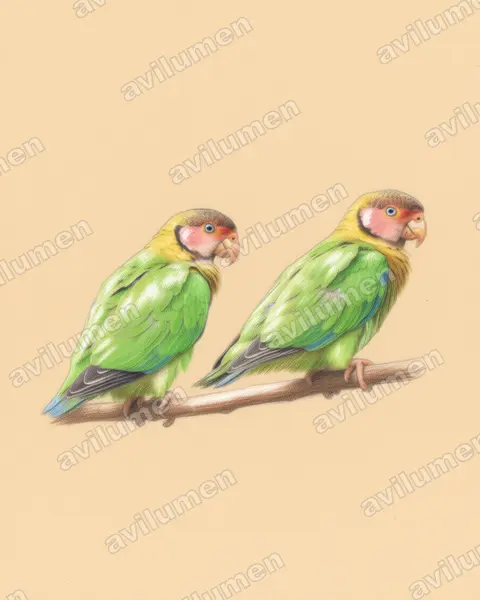 Colored pencil illustration: Pyrilia pulchra (Rose-faced Parrot)