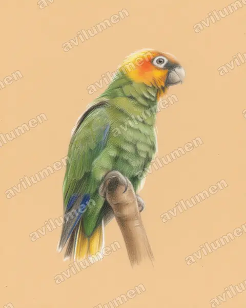 Illustration im Stil Buntstift: Saffron-headed Parrot (Pyrilia pyrilia)