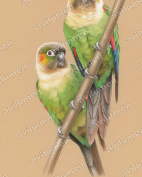 Colored pencil illustration: Pyrrhura albipectus (White-breasted Parakeet)